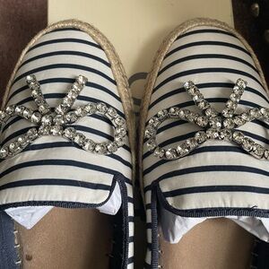 Navy Striped Espadrille Flats with Rhinestone Bow